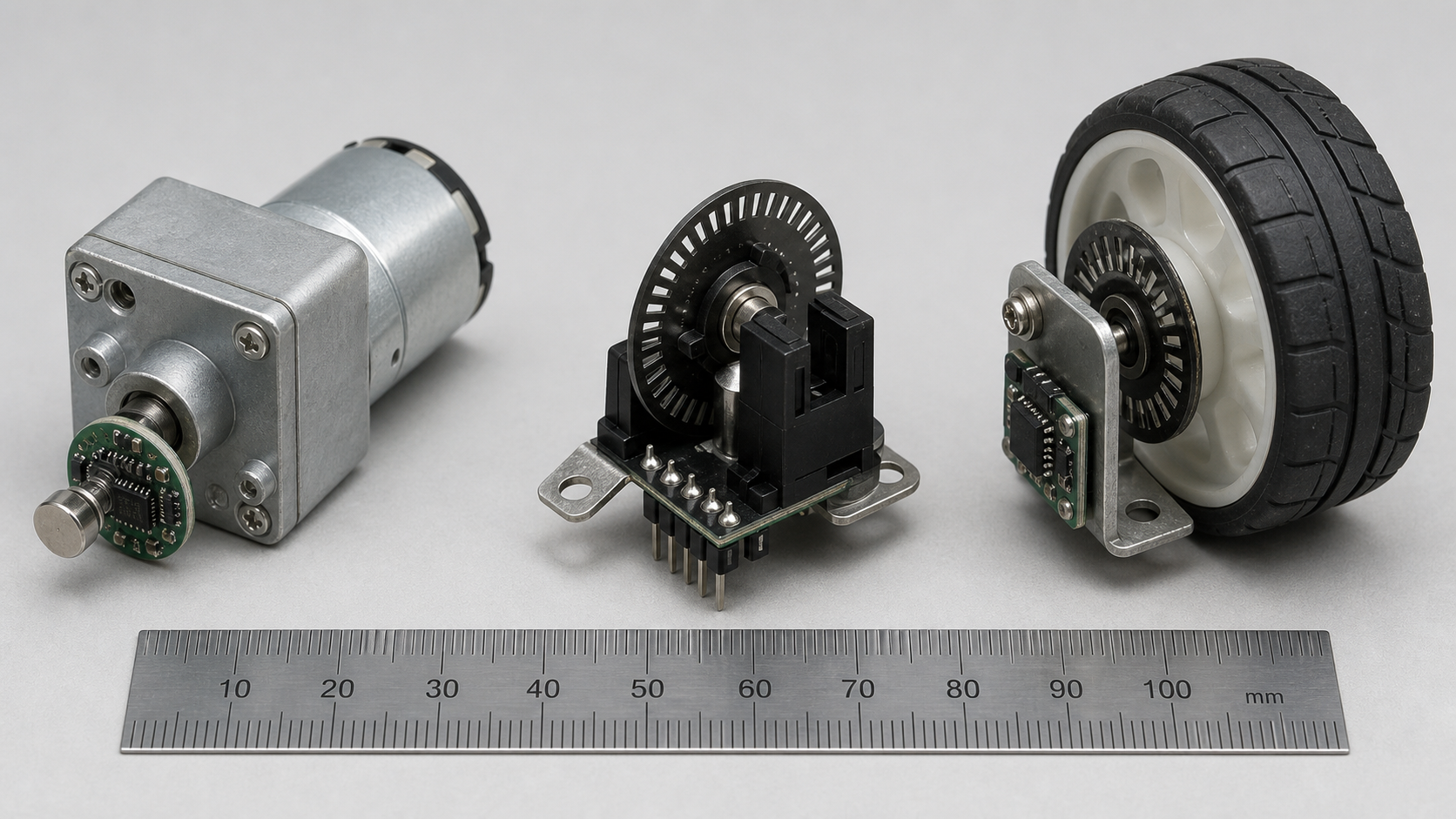 모터 축 자기식 Encoder, 광학 증분식 Encoder, 로봇 바퀴 허브 Encoder의 실제 외형 비교